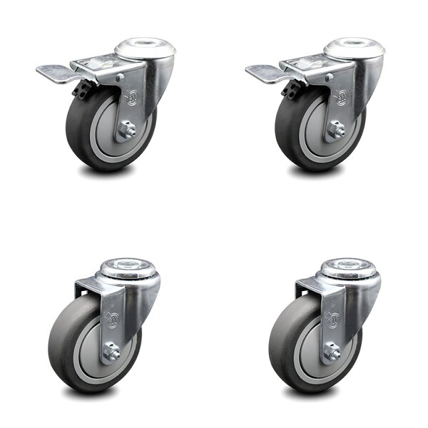 4 Inch Thermoplastic Rubber Swivel Bolt Hole Caster Set with 2 Total Lock Brake
